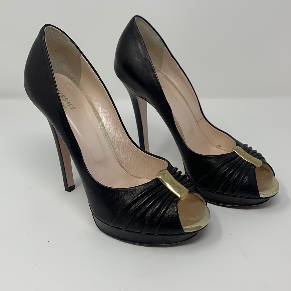 Versace black with gold peep toe heels